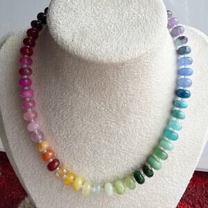 Ombre Rainbow Gemstone Necklace, Semi-Precious, Silver Tone Hardware, Almost 15"